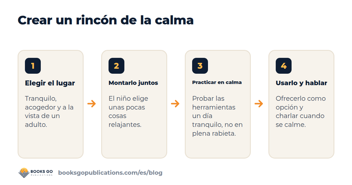 Las etapas de un rincón de la calma en casa: elegir el lugar, montarlo juntos, practicar en calma, usarlo y hablar después