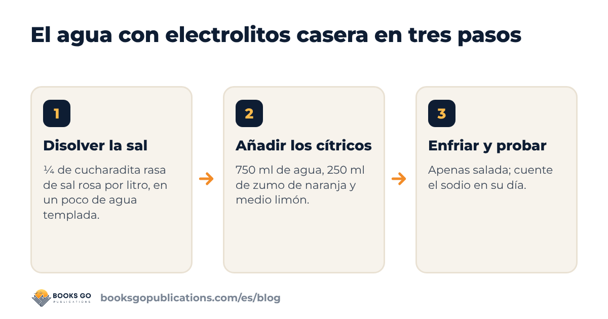 Tres pasos para preparar agua con electrolitos casera: disolver la sal, añadir el zumo de cítricos, enfriar y probar