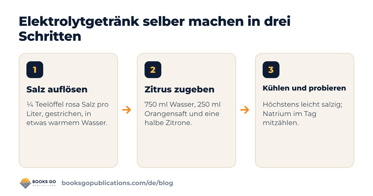 Elektrolytgetränk selber machen: Salz auflösen, Zitrussaft zugeben, kühlen und probieren