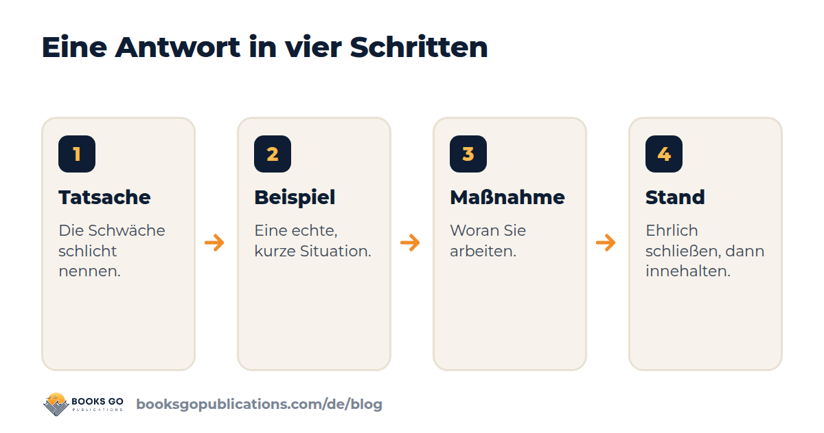 Schwächen Vorstellungsgespräch: die vier Schritte einer Antwort, Tatsache, Beispiel, Maßnahme, aktueller Stand