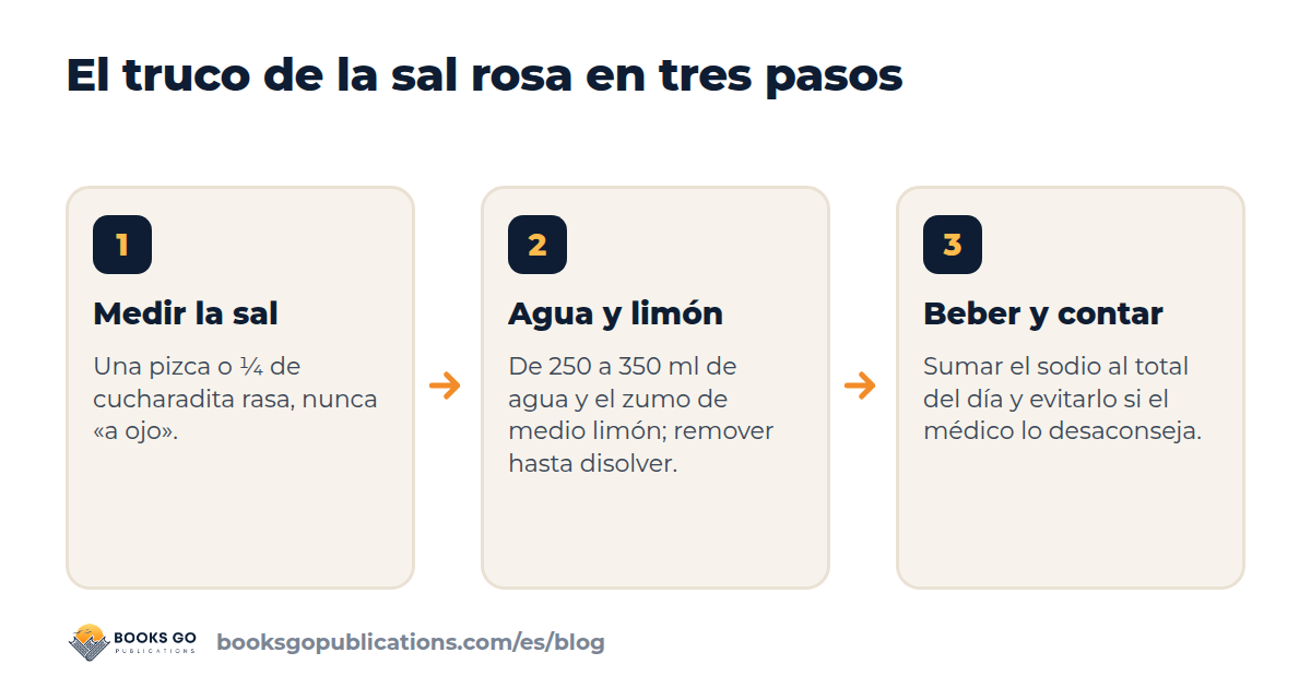 Truco de la sal rosa en tres pasos: medir la sal, añadir el agua y el limón, beber despacio y contar el sodio del día