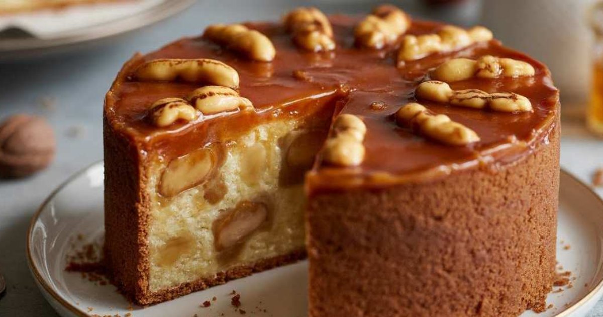 Moist walnut cake, slice cut, with honey caramel and walnut halves